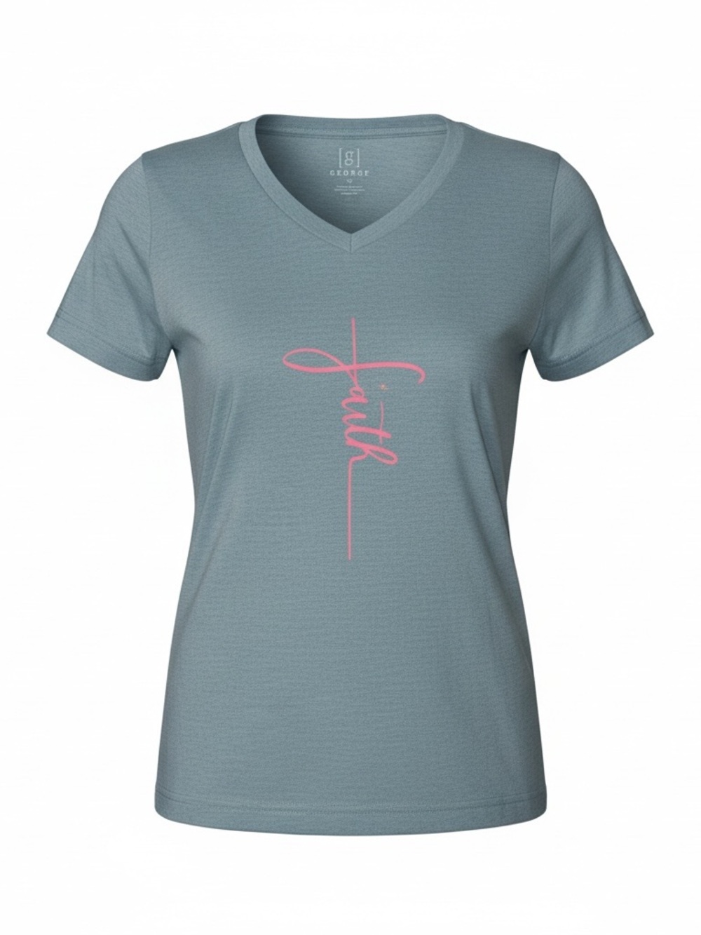 George Dusty Blue V-Neck Tee with Pink 'Faith' Script
